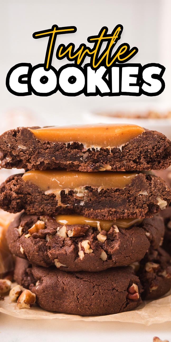 A stack of rich turtle cookies with gooey caramel and crunchy pecans, topped with text reading "Turtle Cookies.
