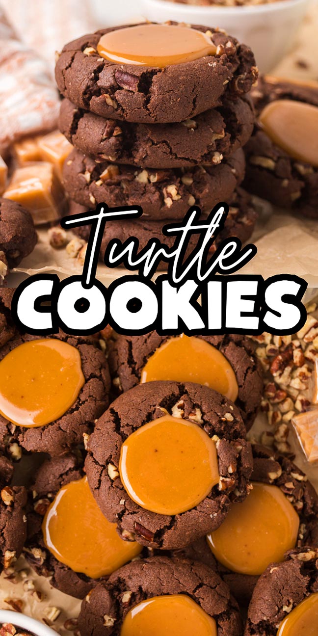 Chocolate turtle cookies topped with caramel and chopped pecans, stacked and arranged on parchment paper for the perfect turtle cookie treat.