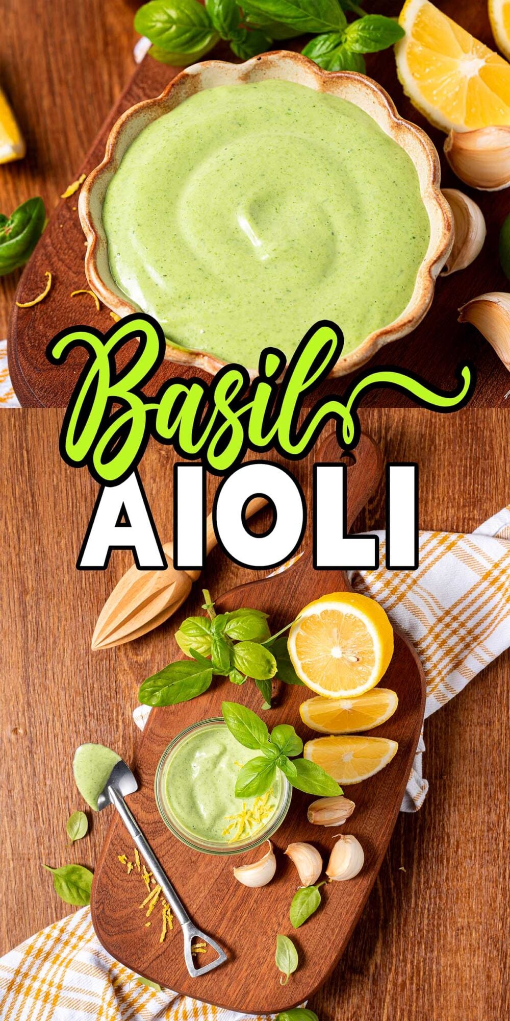 A bowl of vibrant basil aioli, made with lemon, garlic, and fresh basil, sits on a wooden cutting board.