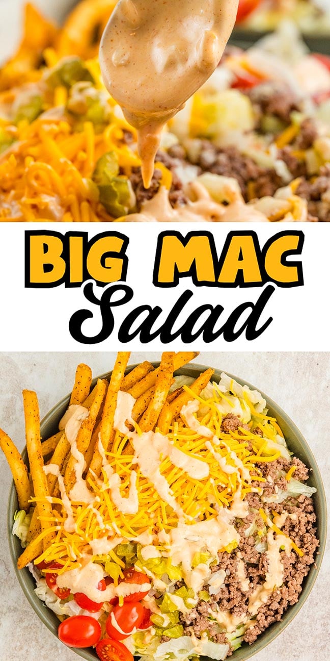 Drizzling creamy sauce over a vibrant Big Mac Salad bowl filled with ground beef, cheese, fries, pickles, and tomatoes.