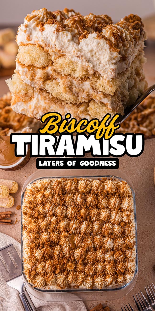Slice of Biscoff Tiramisu on a plate, showcasing creamy layers, and a dish of layered Biscoff Tiramisu topped with cookie crumbs.