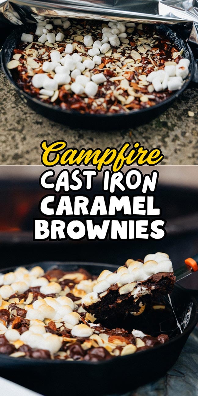 Campfire Cast Iron Caramel Brownies sizzle in a skillet, topped with gooey marshmallows and crunchy nuts, all cooked to perfection over an open fire.