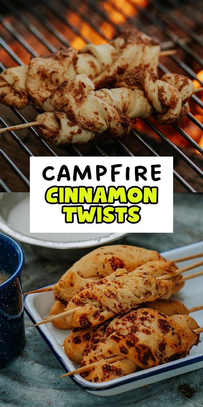 Two images: raw campfire cinnamon twist dough on a grill over the fire and baked campfire cinnamon twists on skewers served in a dish.