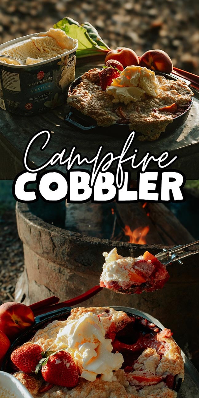 A skillet of campfire cobbler with ice cream and strawberries sits by a crackling fire; text reads "Campfire Cobbler.