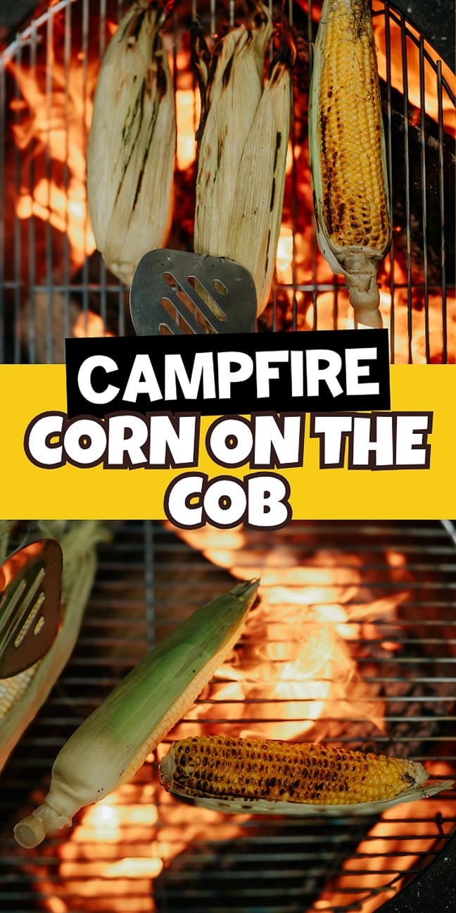 Campfire grilled corn on the cob sizzles over open flames, with grill grates and dancing firelight making it the perfect outdoor treat.