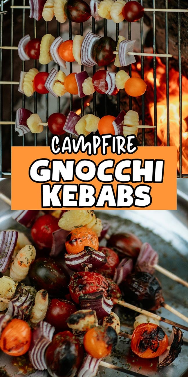 Campfire Gnocchi Kebabs sizzle with gnocchi, tomatoes, onion, and cheese grilling over the fire—perfect for a colorful camping feast.