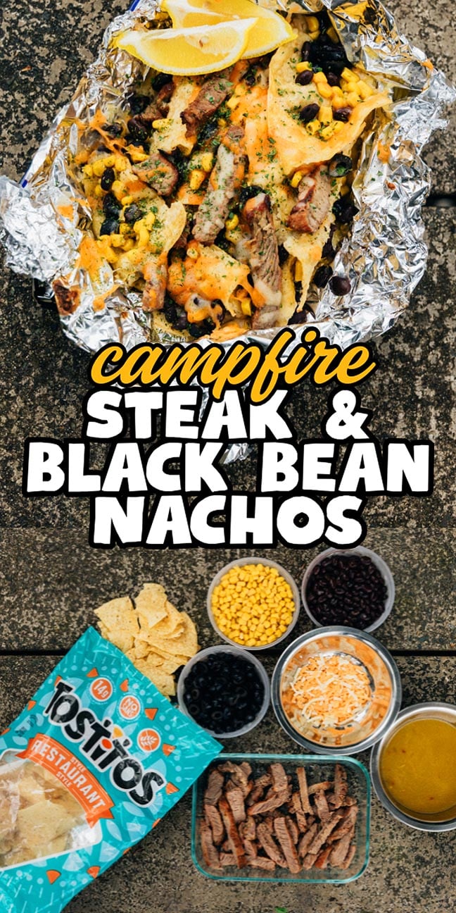 Foil packet of Campfire Steak and Black Bean Nachos with toppings, plus separate bowls of ingredients on a rustic surface.