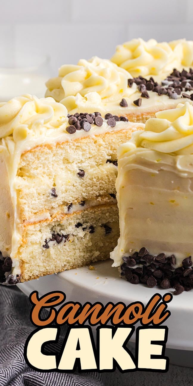 A sliced Cannoli Cake with creamy frosting, chocolate chips, and the text "Cannoli Cake" at the bottom.