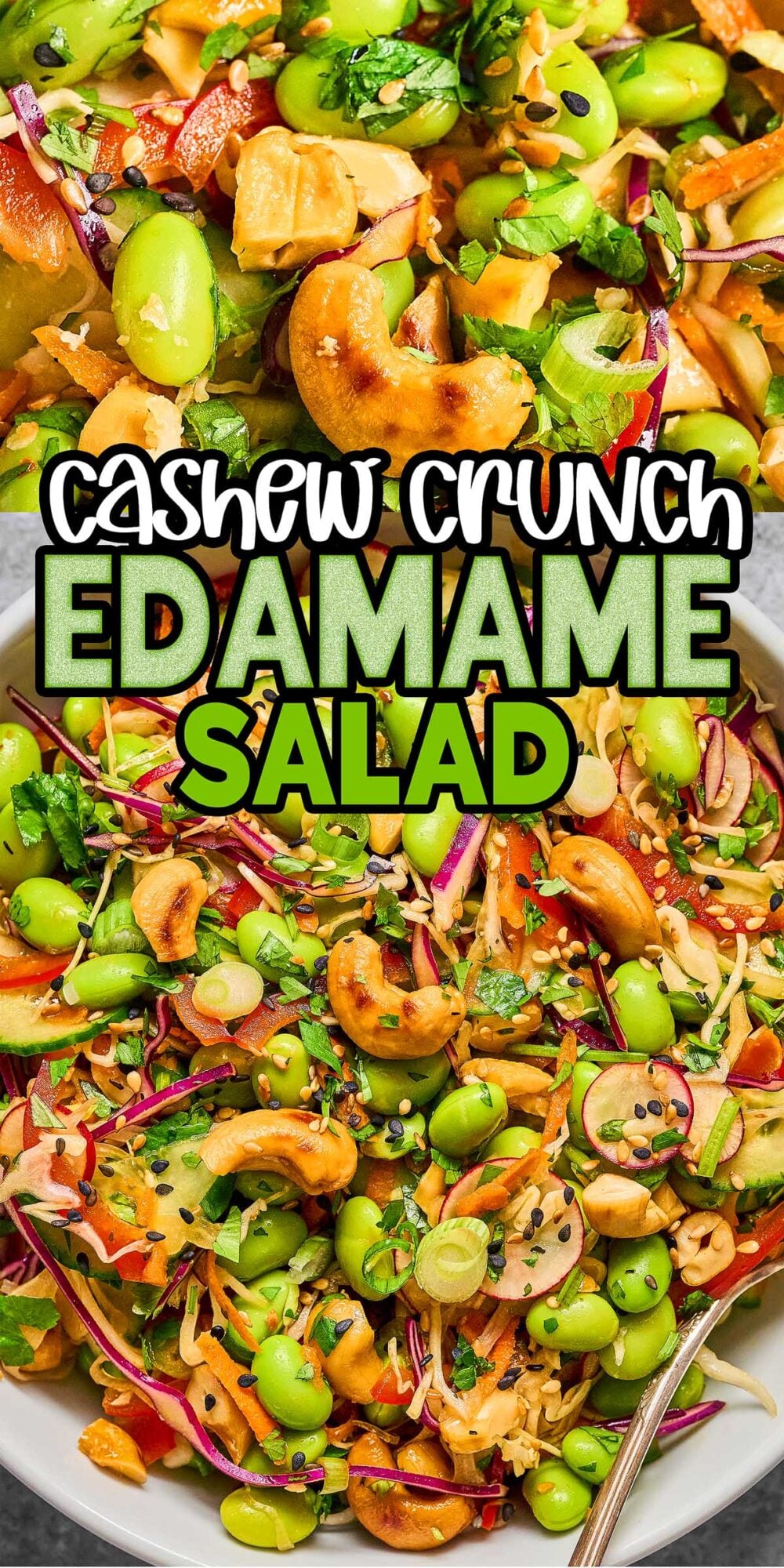 Vibrant Cashew Crunch Edamame Salad with fresh veggies and sesame seeds in a bowl, labeled "Cashew Crunch Edamame Salad.