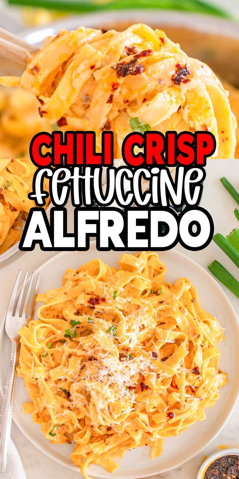 Close-up of Chili Crisp Fettuccine Alfredo, featuring creamy noodles topped with chili crisp and garnished with fresh herbs on a white plate.