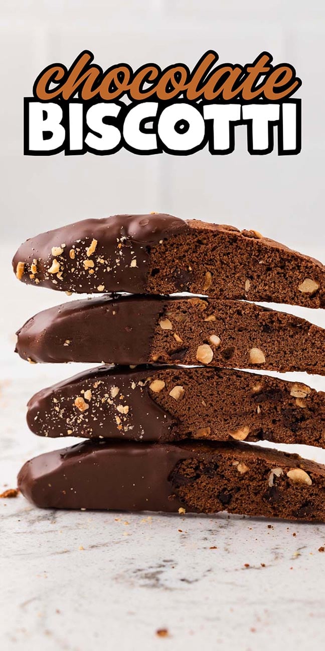 Four chocolate biscotti pieces stacked, half dipped in rich chocolate, with “chocolate biscotti” text above.