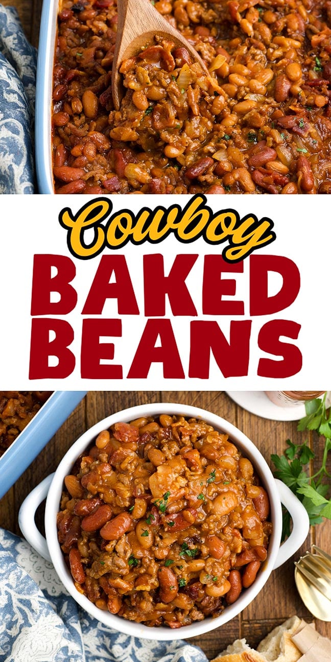A dish and a bowl filled with hearty cowboy baked beans, featuring ground beef and kidney beans for a classic cowboy baked beans meal.