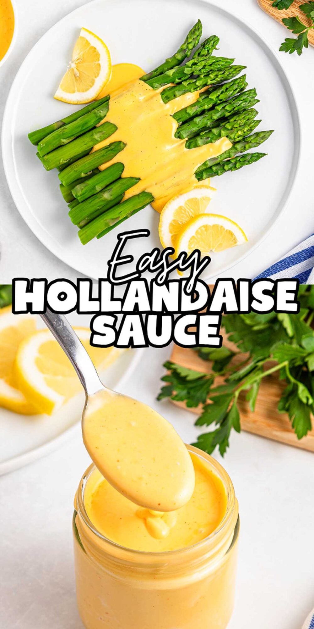 Asparagus with Easy Hollandaise Sauce and lemon on a plate; jar of hollandaise with spoon nearby.