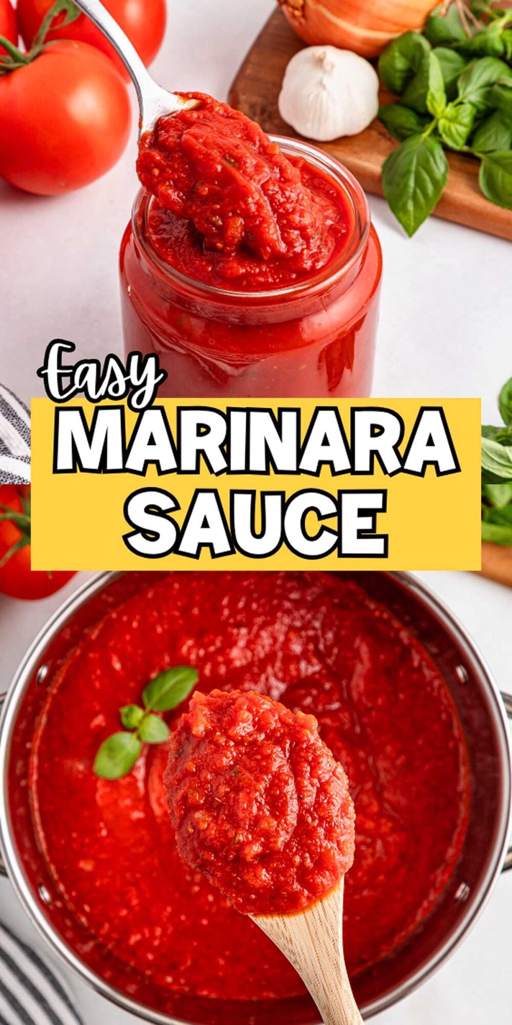Jar and pot of easy marinara sauce with tomatoes, basil, garlic, and a wooden spoon; text reads "Easy Marinara Sauce.