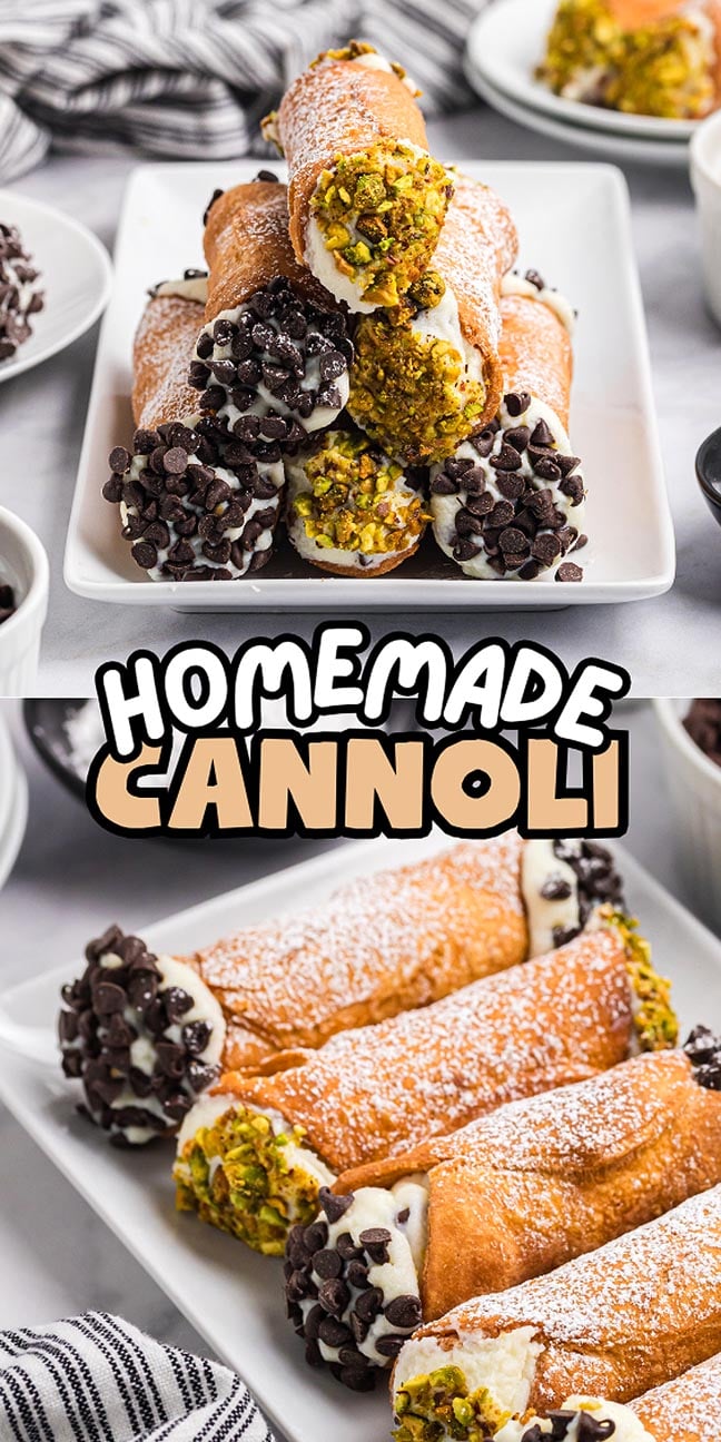 Homemade Cannoli with chocolate chips and pistachios on plates, topped with powdered sugar for a delightful treat.