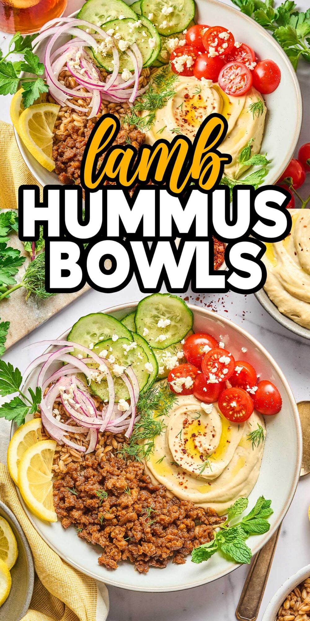 A pair of lamb hummus bowls topped with spiced lamb, cucumber, tomato, red onion, herbs, and lemon slices, captioned "Lamb Hummus Bowls.