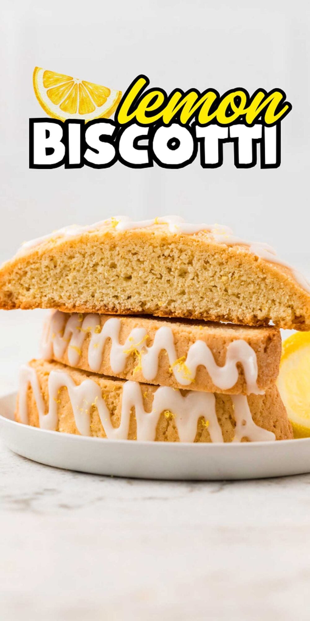 A plate with lemon biscotti, some drizzled with icing, features bright lemon graphics and “lemon biscotti” text above.