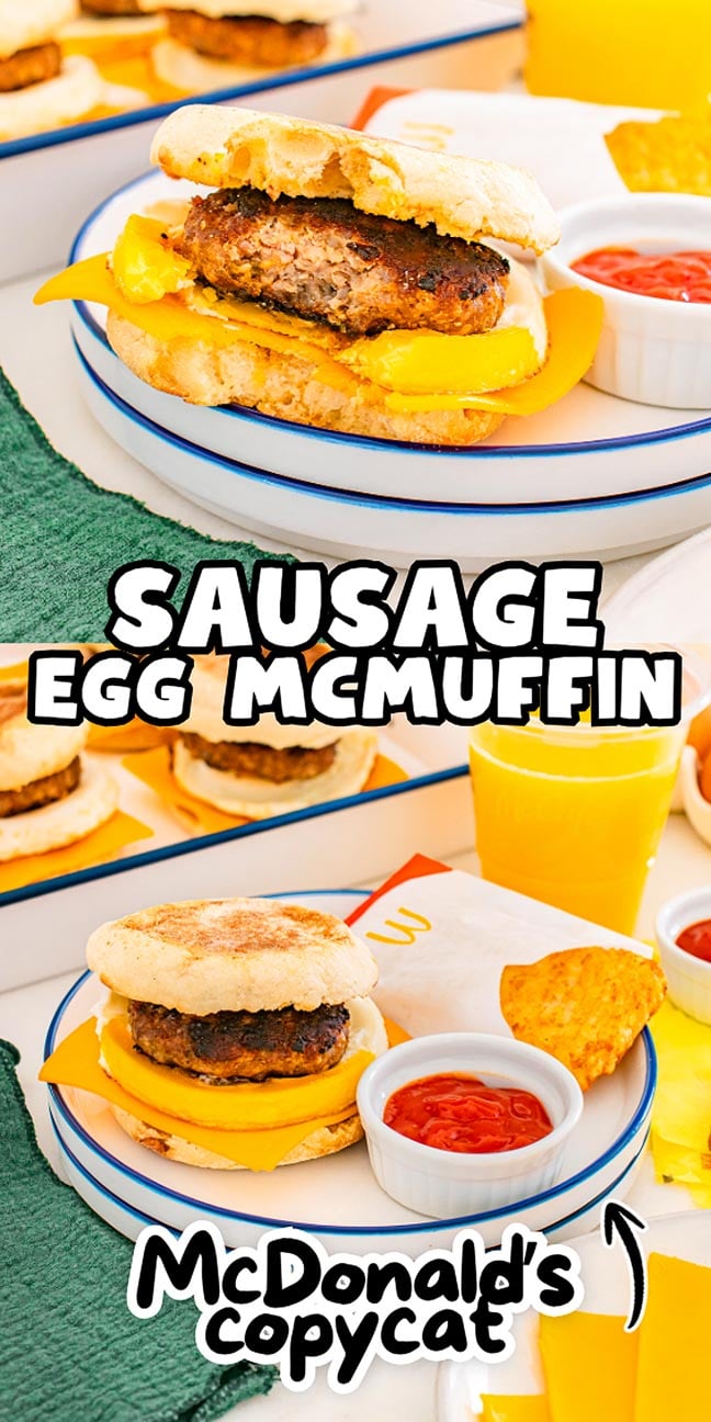 A homemade McDonalds Copycat Sausage Egg McMuffin with cheese, served alongside chips, ketchup, and a glass of orange juice.