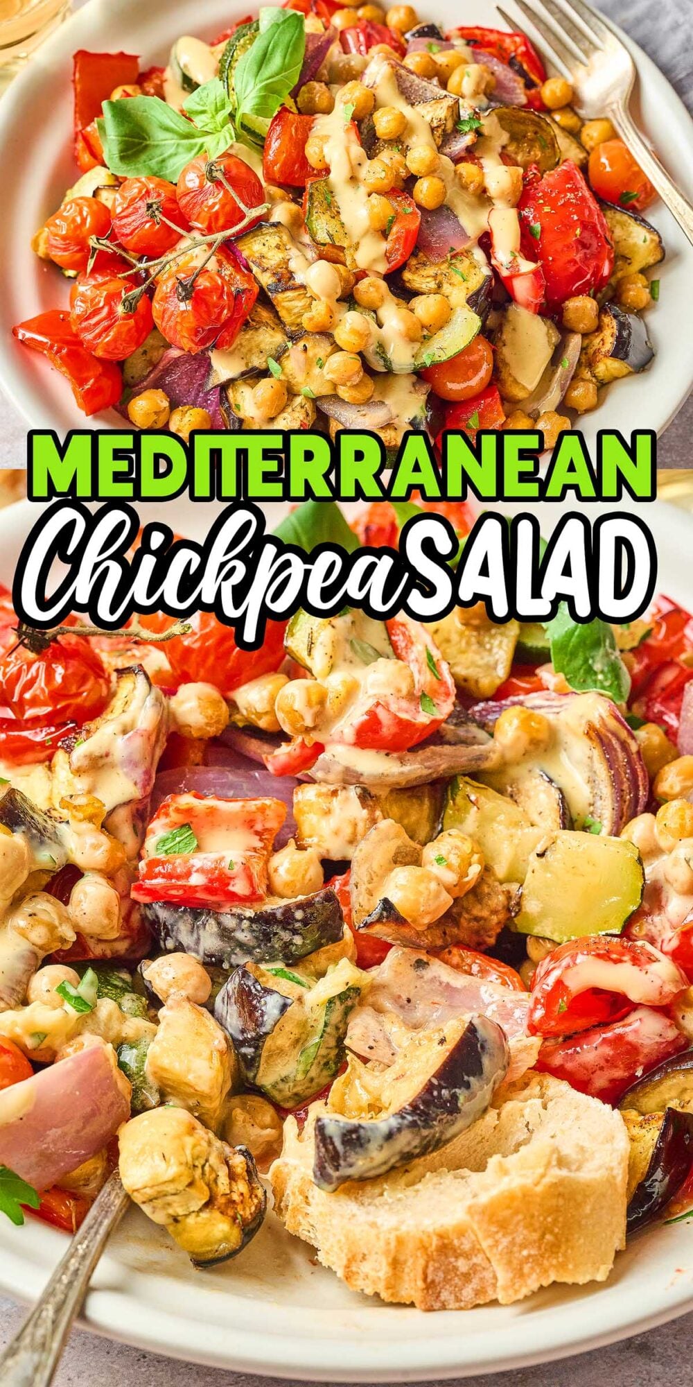 A plate of Mediterranean Chickpea Skillet salad with roasted vegetables, garnished with herbs, and served with bread.