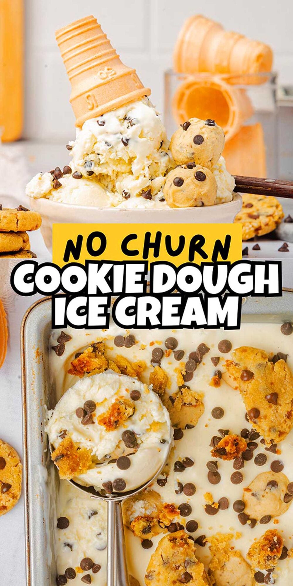 A bowl and pan of creamy no churn cookie dough ice cream, topped with mini cookies and chocolate chips.