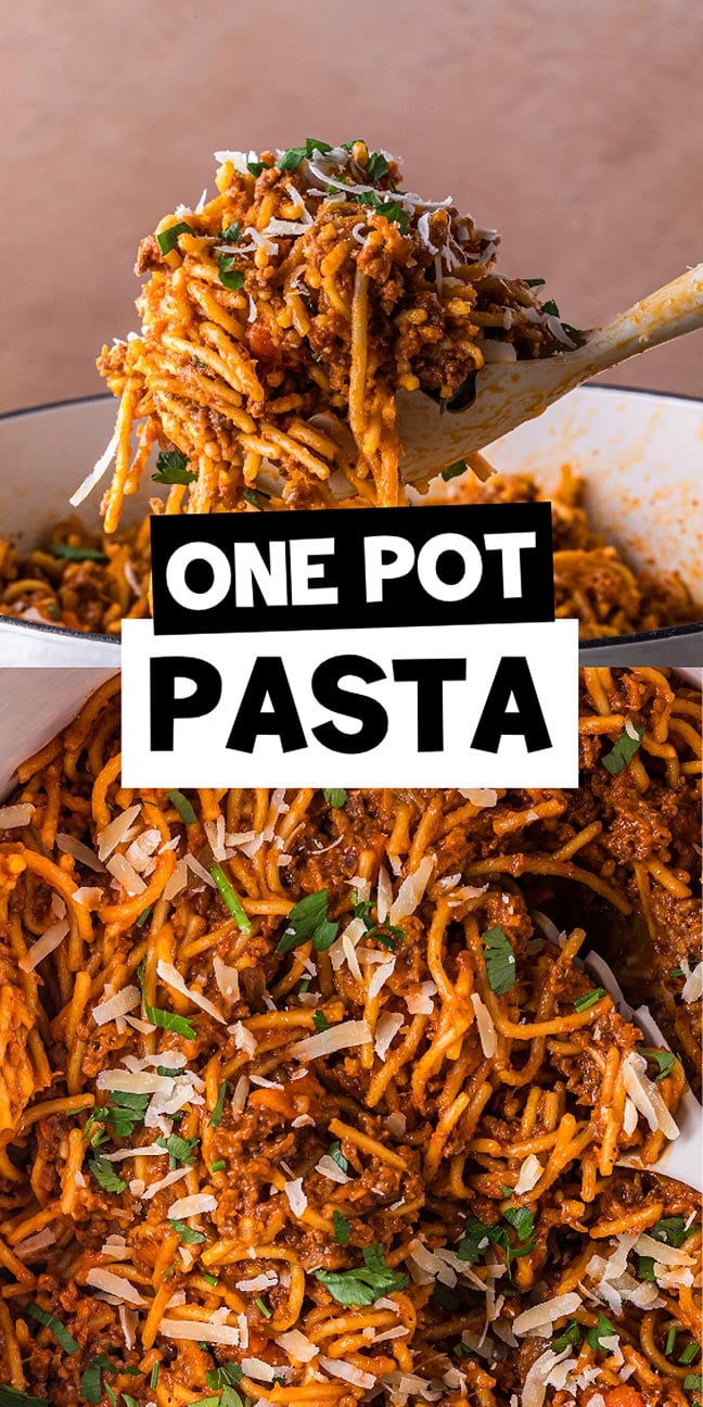 A wooden spoon lifts saucy spaghetti with herbs and cheese from a pot, perfectly capturing the ease of one pot pasta. Text reads "One Pot Pasta.