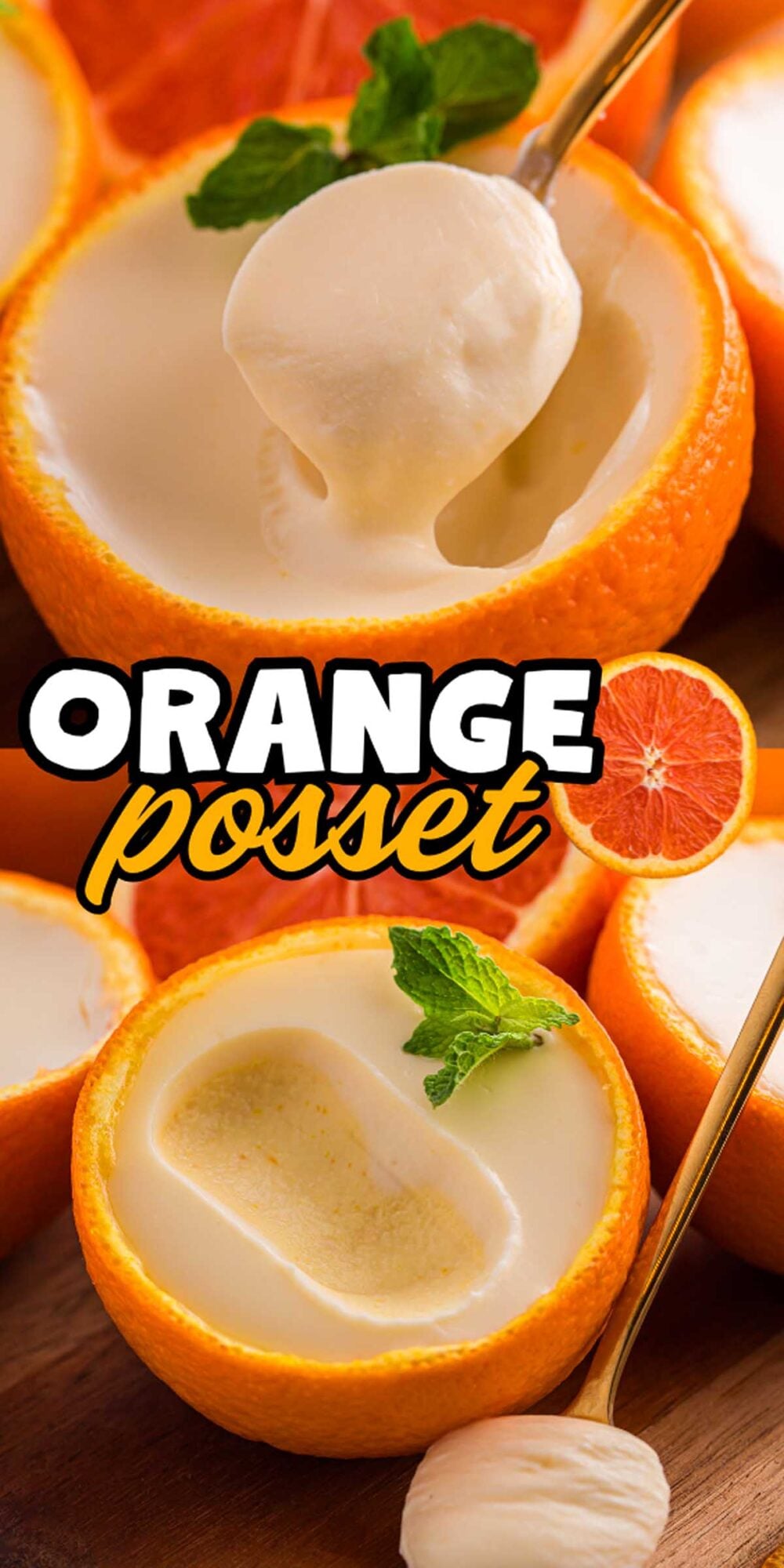 Creamy orange posset served in halved orange peels, garnished with mint leaves, with a spoonful of the zesty orange posset being delicately scooped.