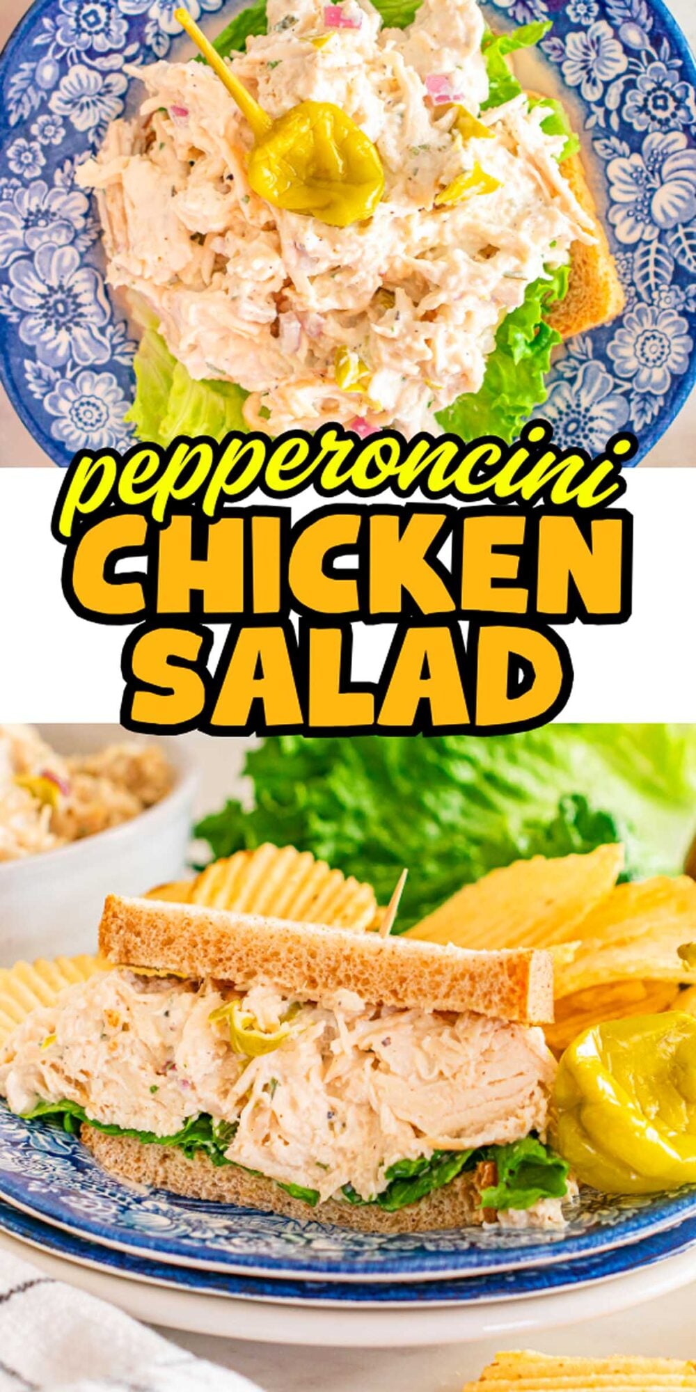 Pepperoncini chicken salad on bread and lettuce, served with chips on a blue patterned plate.