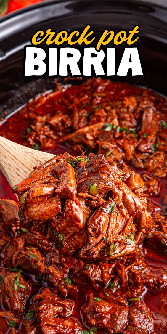 A wooden spoon lifts tender, shredded slow cooker birria beef in a crock pot with rich red sauce and herbs.