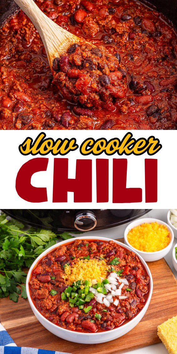 A wooden spoon scoops slow cooker chili from a pot; a bowl of chili is topped with cheese, onions, and jalapeños.