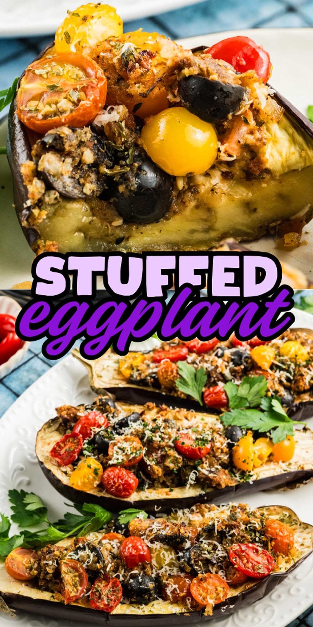 A delicious stuffed eggplant baked with tomatoes, olives, herbs, and cheese, served on a white plate.