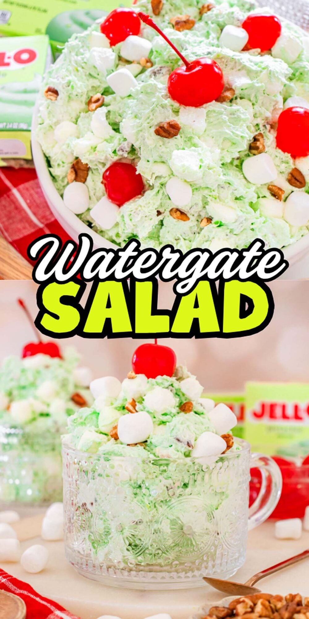 A bowl and cup of Watergate Salad topped with cherries, mini marshmallows, and pecans sit on a table.