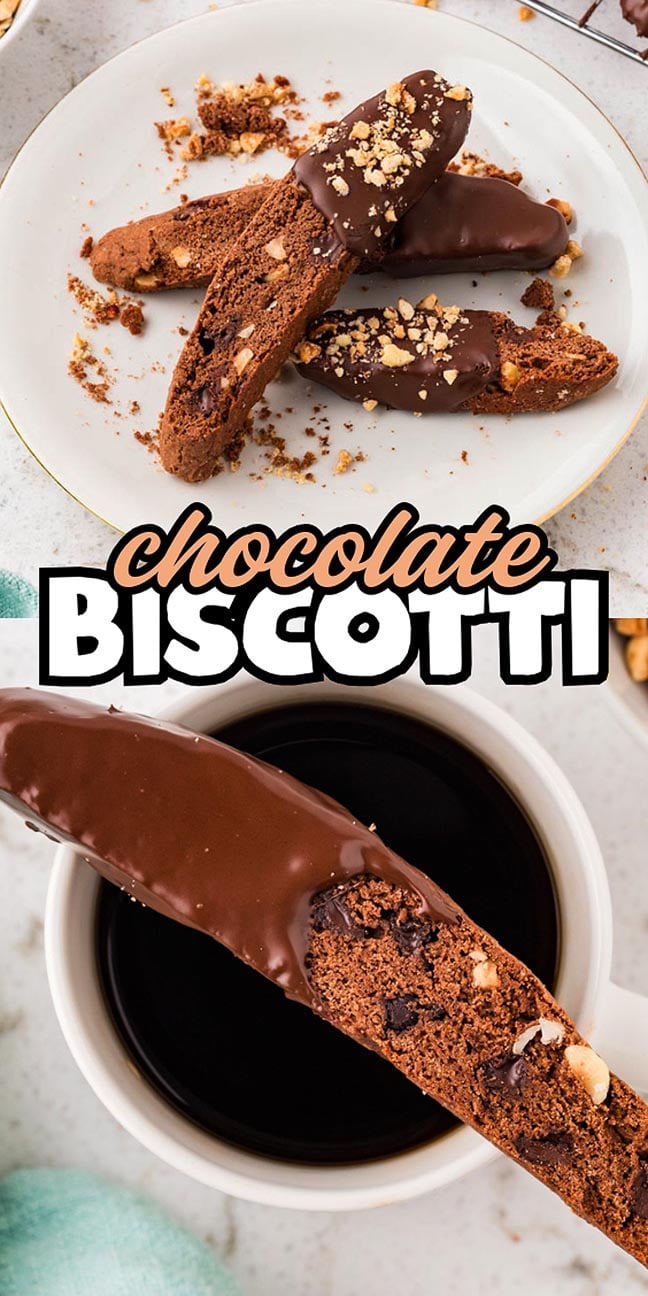 Two chocolate biscotti, partly dipped in chocolate and nuts, rest on a plate above a cup of black coffee.