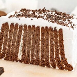 Chocolate Icebox Cake with chocolate cookies and whipped cream, sliced to show the deliciously layered interior of this classic Chocolate Icebox Cake dessert.