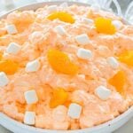 A bowl of Cottage Cheese Jello Salad, featuring orange fluff with mini marshmallows and mandarin orange slices on top.