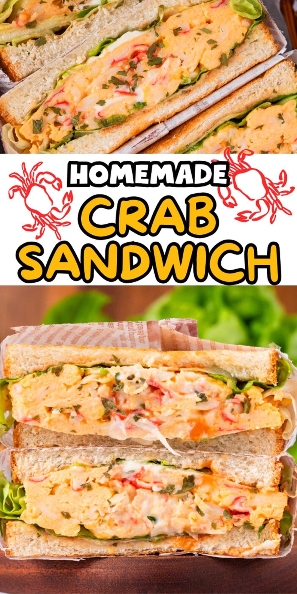 Two thick Crab Sandwiches with lettuce and creamy filling, shown close-up and stacked, with "Homemade Crab Sandwich" text.