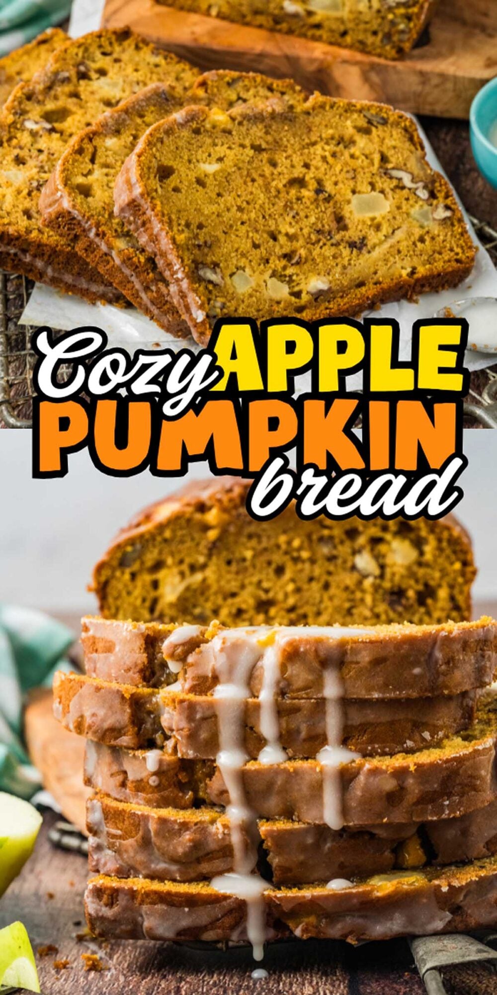 Slices of apple pumpkin bread, some with icing, are beautifully displayed on a wooden board and rustic surface for a cozy presentation.