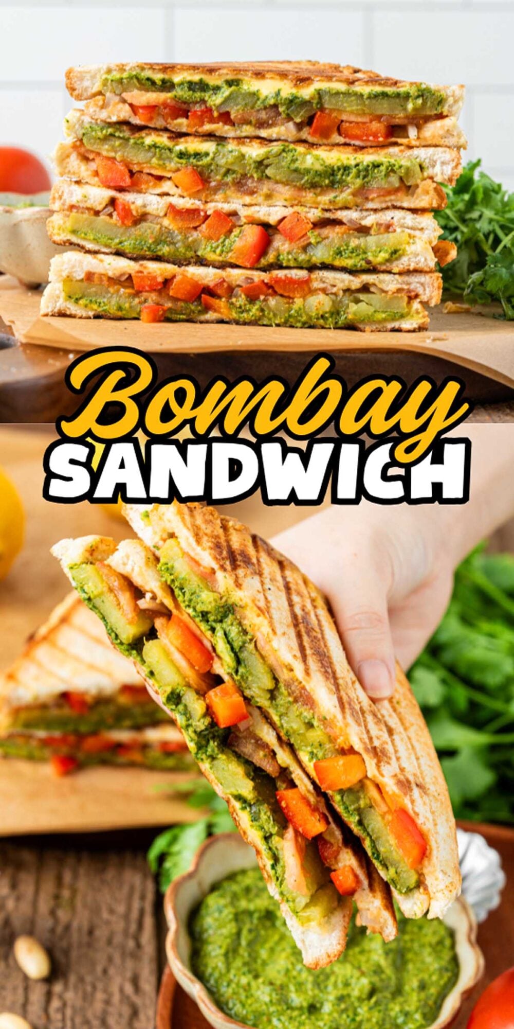 Stacked Bombay sandwiches filled with vegetables and green chutney, showcasing the vibrant layers of classic Bombay sandwiches, with "Bombay Sandwich" text overlay.