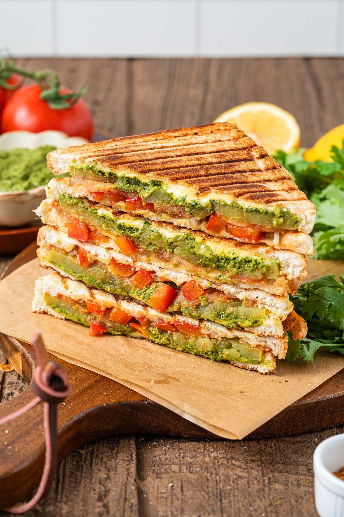 Stacked Bombay sandwiches with green chutney, tomatoes, and cucumbers on toasted bread, served on a wooden board.