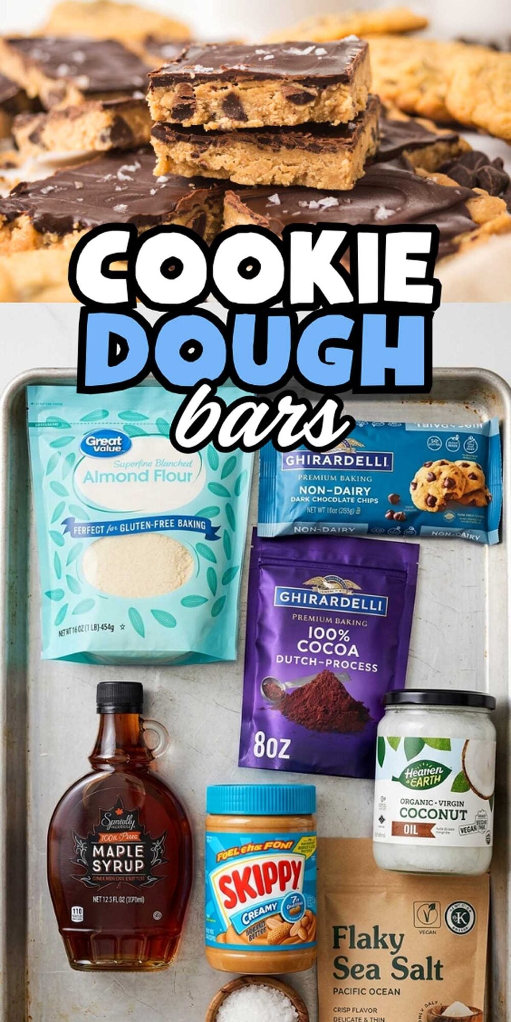 Cookie Dough Bars stacked on top; below are ingredients like almond flour, cocoa, maple syrup, peanut butter, and salt. Perfectly layered Cookie Dough Bars for a delicious treat.