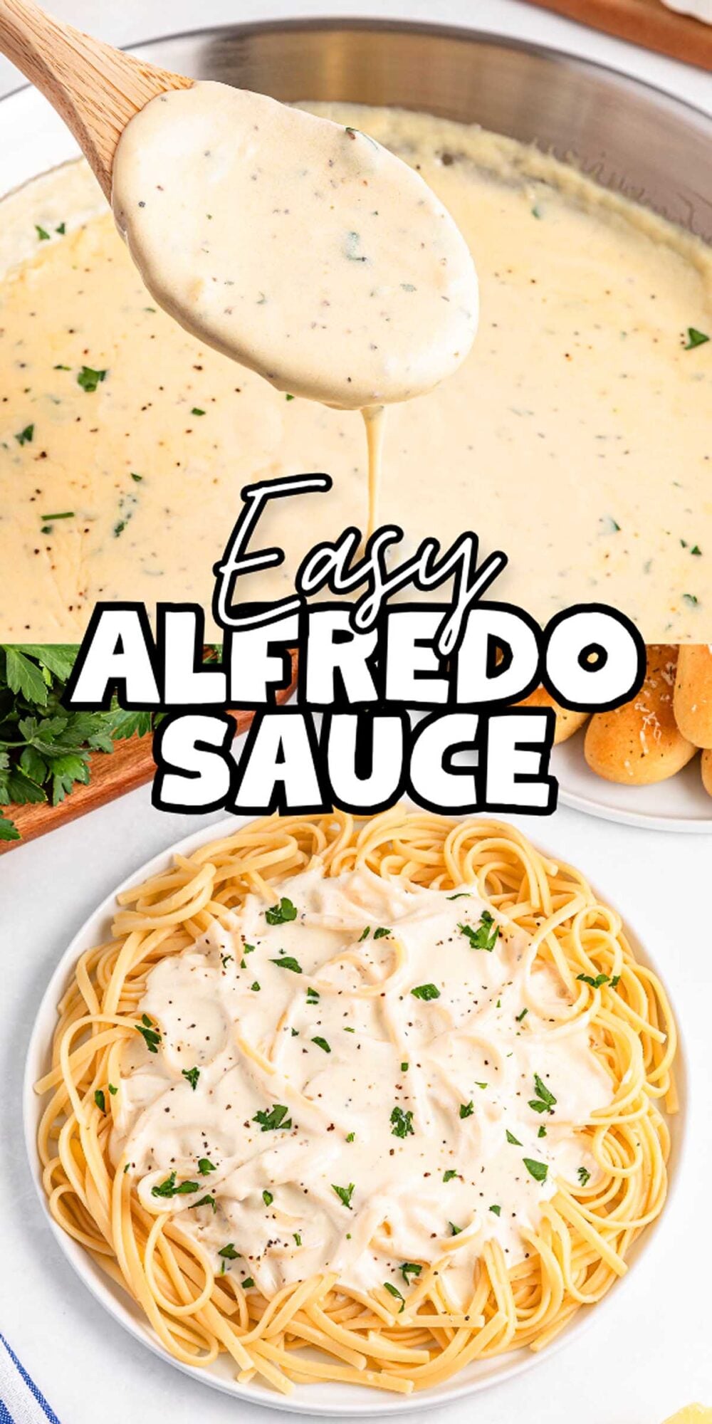 A spoon dipping easy Alfredo sauce over a pan, with a plate of spaghetti topped with creamy Alfredo sauce below.