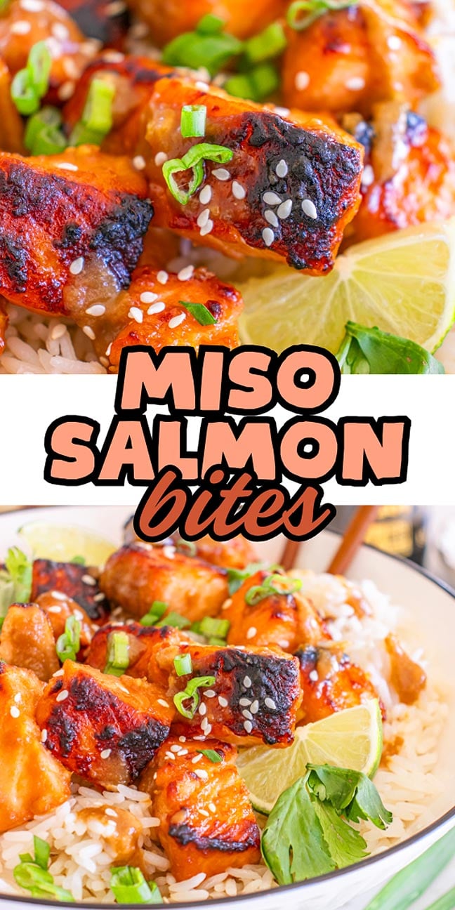 Savor miso salmon bites on rice, glazed to perfection and topped with sesame seeds, green onions, and fresh lime wedges.