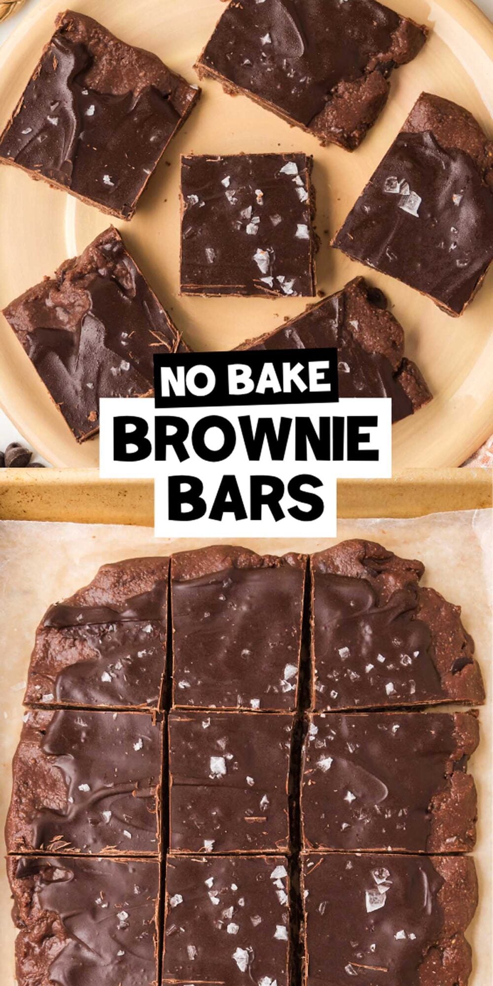 No bake brownie bars cut into squares, topped with sea salt, are displayed on a plate and parchment paper for a delicious, easy treat.