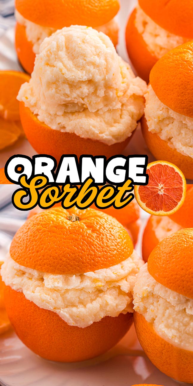 Orange sorbet served in hollowed orange halves with lids, displayed on a white surface.