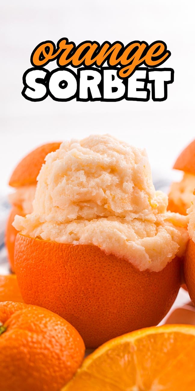 Orange sorbet served in a hollowed orange with orange slices and text "orange sorbet" above.