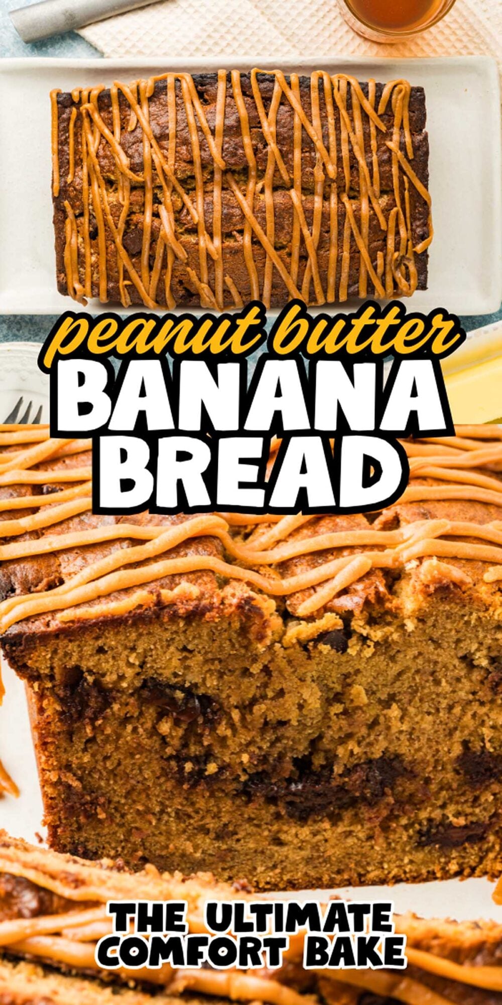 Peanut Butter Banana Bread slices drizzled with creamy peanut butter, shown close up on a white platter.