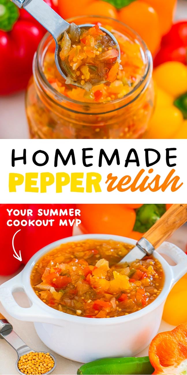 Spoonful of homemade pepper relish above a jar, with a bowl of relish and colorful peppers in the background.