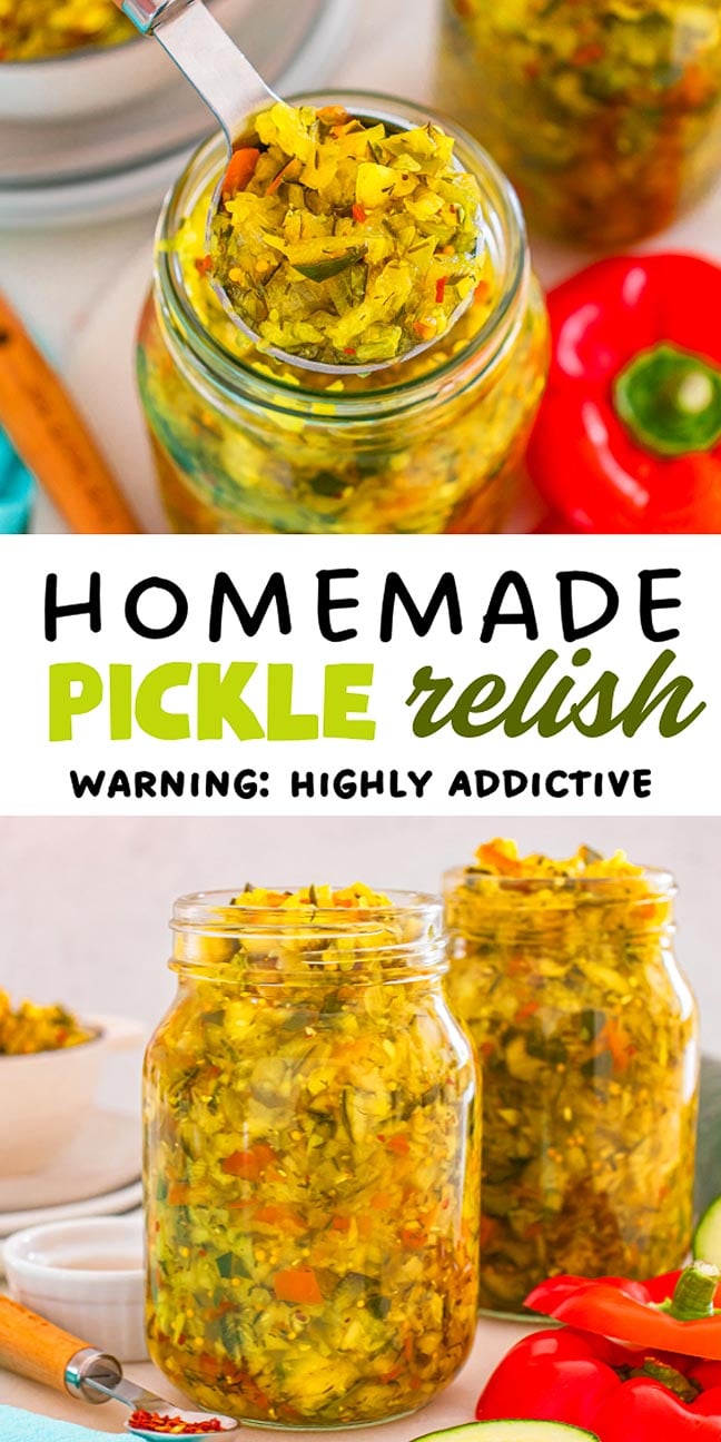 Two glass jars filled with homemade pickle relish, surrounded by fresh vegetables and a spoonful of relish.