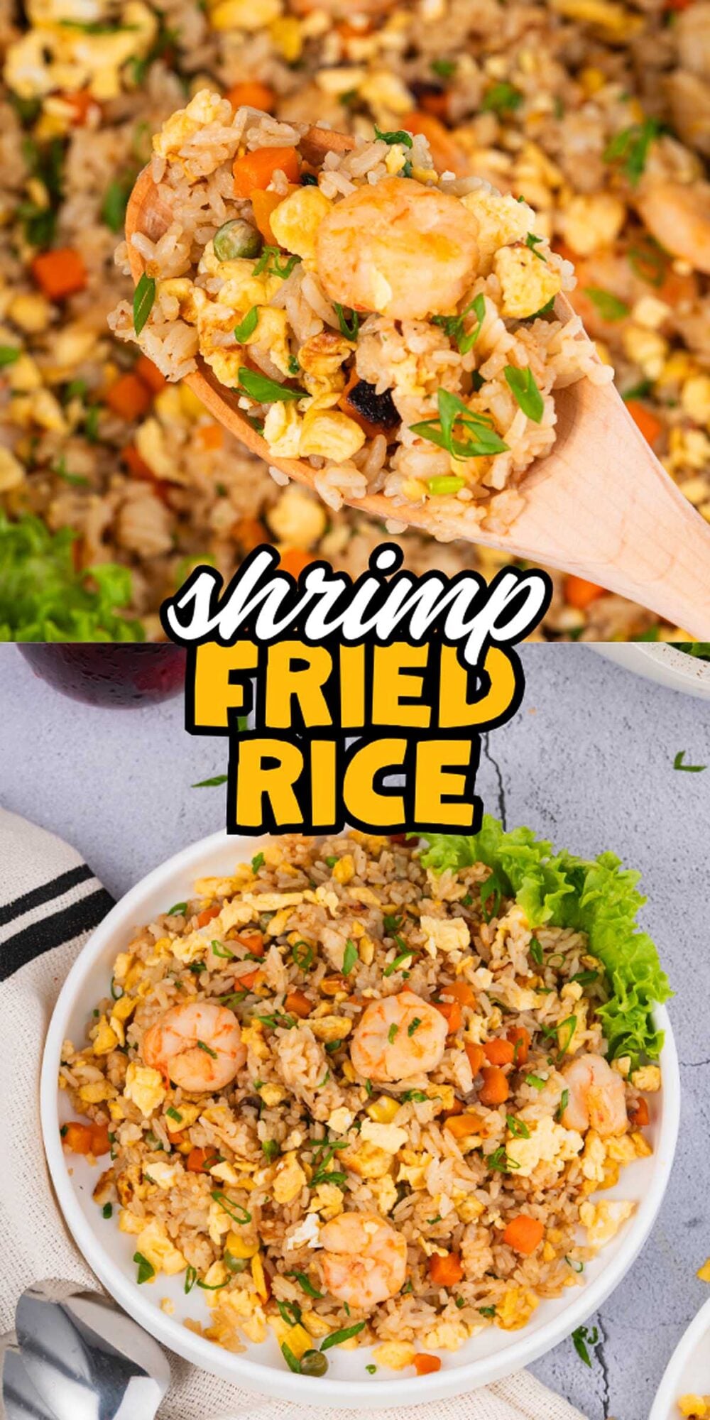 A wooden spoon holds flavorful Shrimp Fried Rice above a bowl brimming with shrimp, egg, rice, carrots, and green onions.
