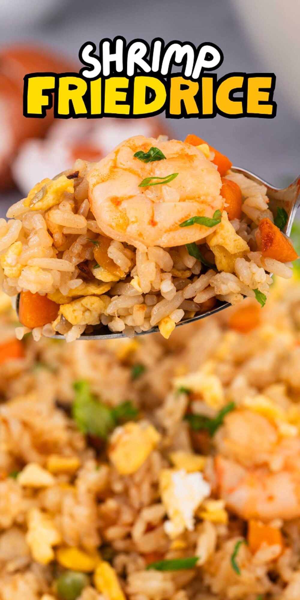 A spoonful of Shrimp Fried Rice with vegetables and egg, topped with the "Shrimp Fried Rice" text above.