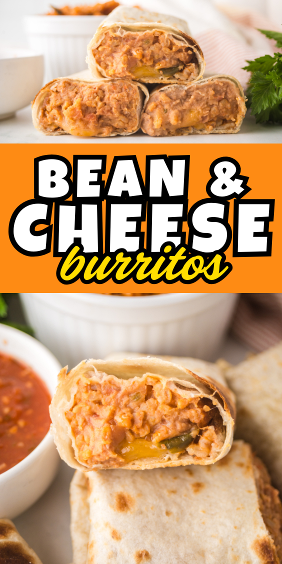 Stacked bean and cheese burritos, with one cut open to reveal the savory filling, sit beside a bowl of salsa.